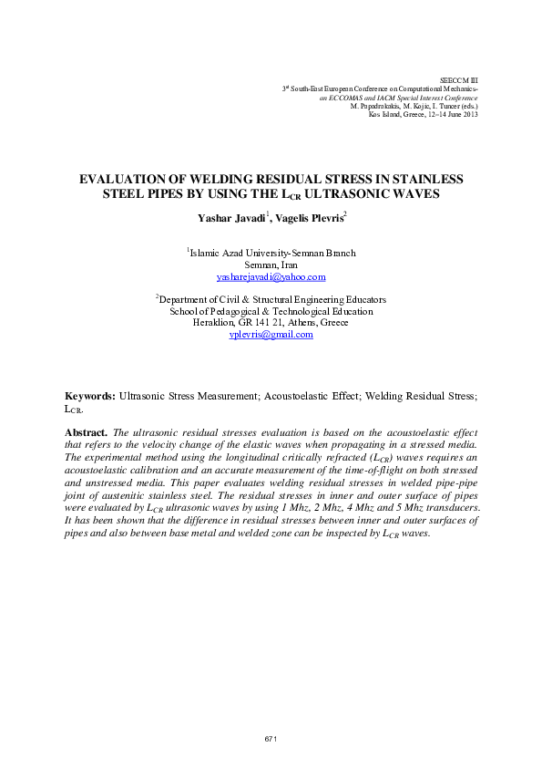 (PDF) Evaluation of Welding Residual Stress in Stainless Steel Pipes by ...