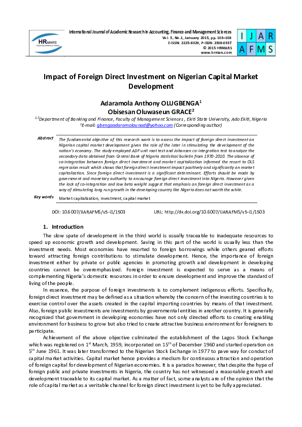 (PDF) Impact of Foreign Direct Investment on Nigeria Economic Growth