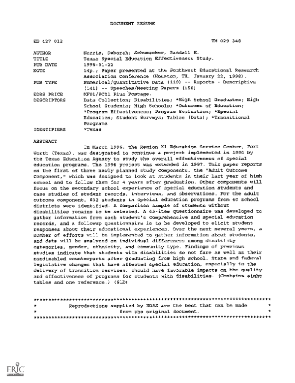 (PDF) Texas Special Education Effectiveness Study Randall Schumacker