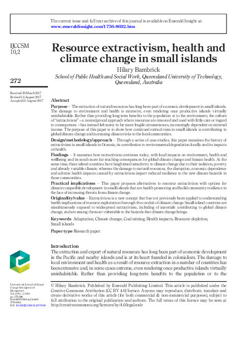 (PDF) Resource extractivism, health and climate change in small islands