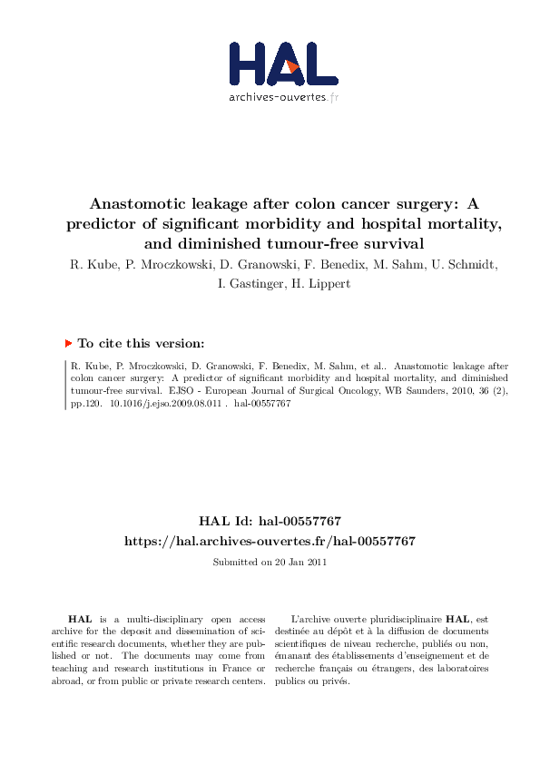 (PDF) Anastomotic leakage after colon cancer surgery A predictor of