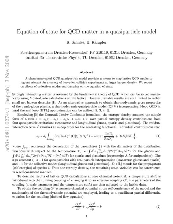 (PDF) Equation of state for QCD matter in a quasiparticle model