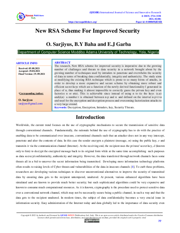 (PDF) New RSA Scheme For Improved Security