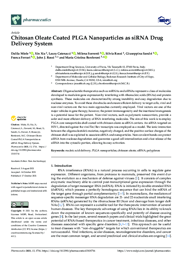 (PDF) Chitosan Oleate Coated PLGA Nanoparticles as siRNA Drug Delivery ...