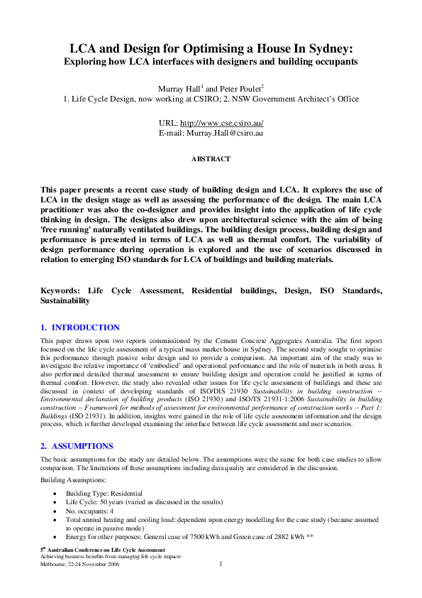 (PDF) LCA and Design for Optimising a House In Sydney: Exploring how ...
