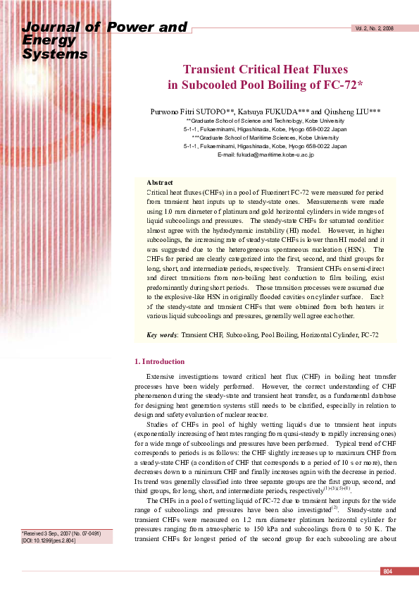 (PDF) Transient Critical Heat Fluxes in Subcooled Pool Boiling of FC-72