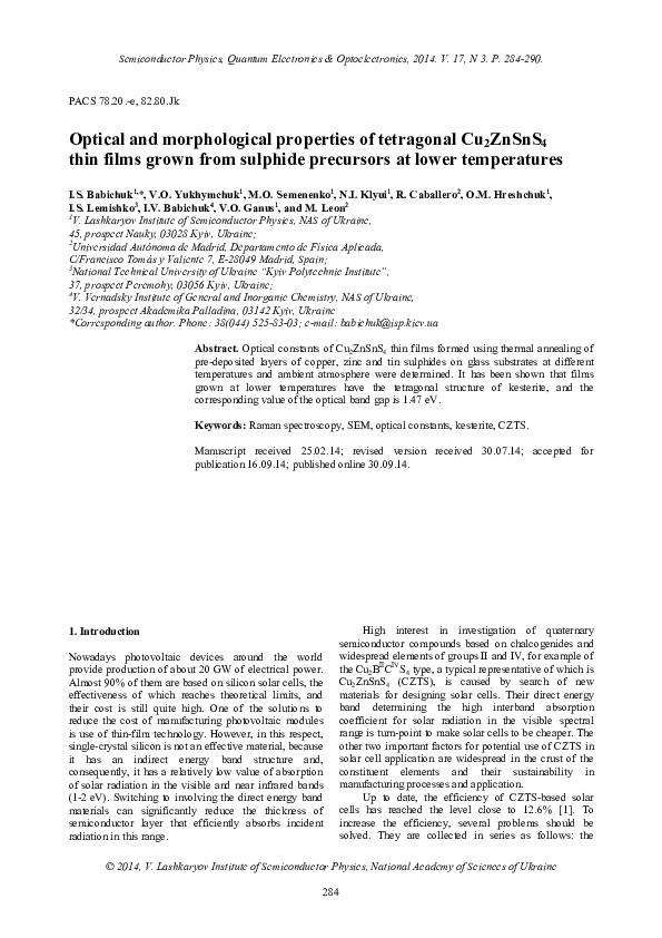 (PDF) Optical and morphological properties of tetragonal Cu2ZnSnS4 thin ...