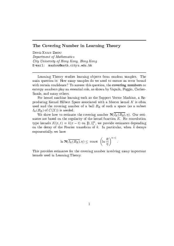 (PDF) The covering number in learning theory DingXuan Zhou