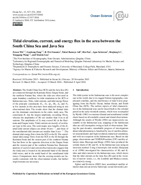 (PDF) Tidal elevation, current and energy flux in the area between the ...