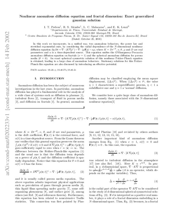 (PDF) Nonlinear anomalous diffusion equation and fractal dimension ...