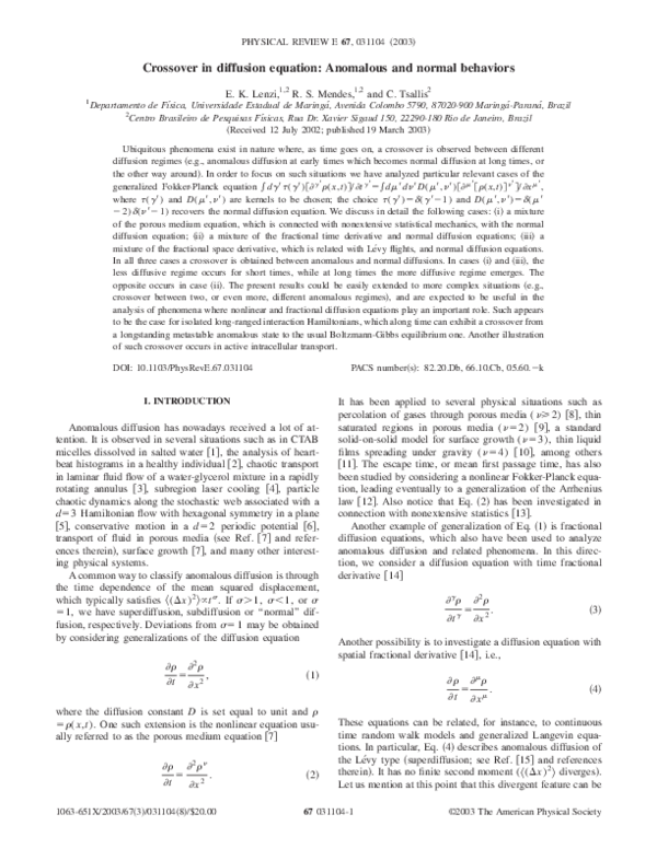 (PDF) Crossover in diffusion equation: anomalous and normal behaviors
