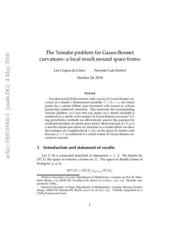 (PDF) The Yamabe problem for Gauss-Bonnet curvatures: a local result ...