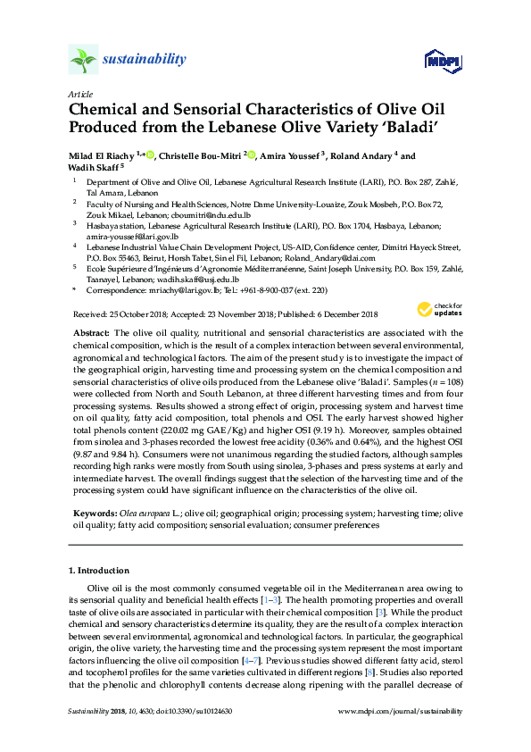 (PDF) Chemical and Sensorial Characteristics of Olive Oil Produced from ...