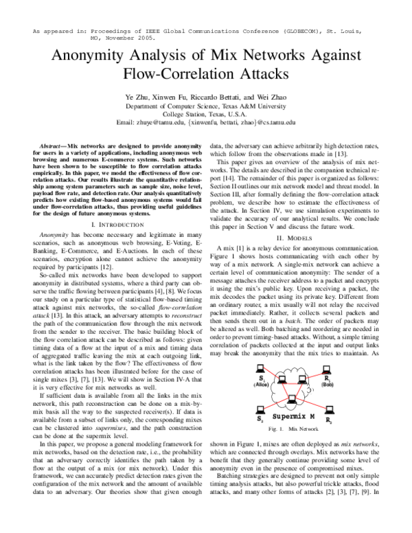 (PDF) Anonymity analysis of mix networks against flow-correlation ...