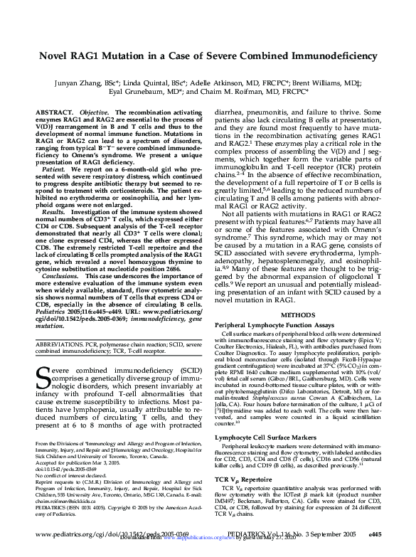 (PDF) Novel RAG1 Mutation in a Case of Severe Combined Immunodeficiency