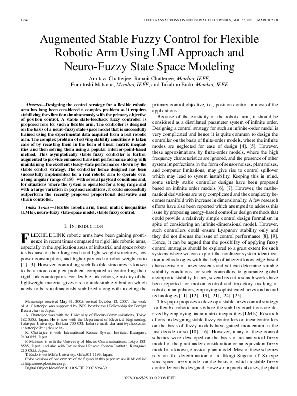 (PDF) Augmented stable fuzzy control for flexible robotic arm using LMI ...