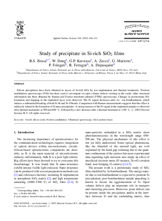 (PDF) Study of precipitate in Si-rich SiO2 films