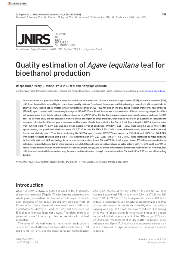 (PDF) Quality estimation of Agave tequilana leaf for bioethanol production