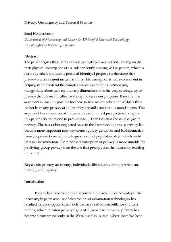 (PDF) Privacy, Contingency and Personal Identity
