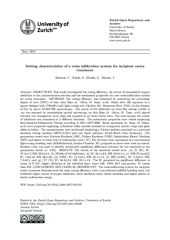 (PDF) Setting characteristics of a resin infiltration system for incipient caries treatment