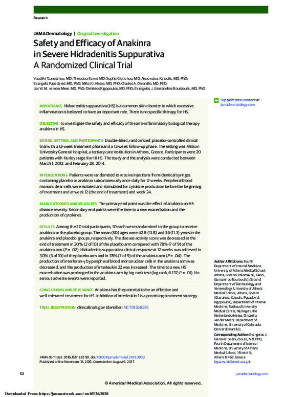 (PDF) Safety and Efficacy of Anakinra in Severe Hidradenitis Suppurativa