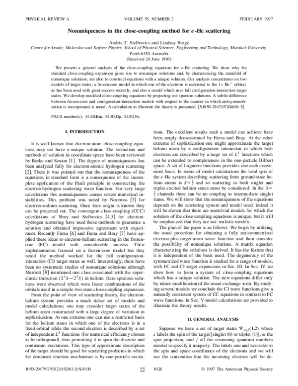 (PDF) Nonuniqueness in the close-coupling method for e-He scattering
