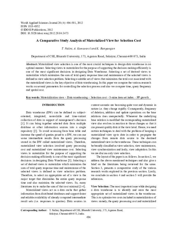 (PDF) A comparative study analysis of materialized view for selection ...