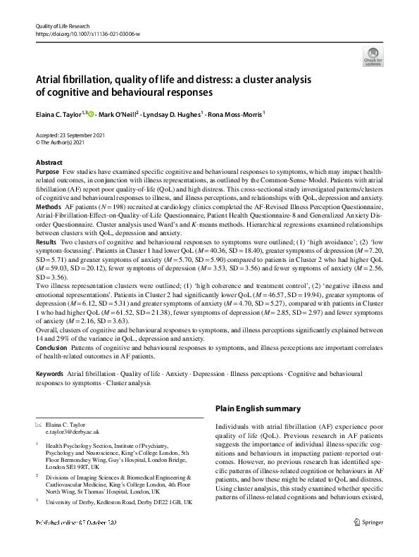 (PDF) Atrial fibrillation, quality of life and distress: a cluster ...