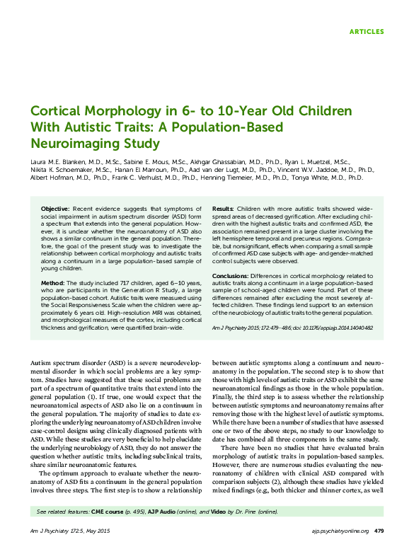 (PDF) Cortical Morphology in 6- to 10-Year Old Children With Autistic ...