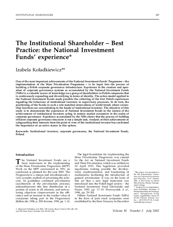 (PDF) The Institutional Shareholder-Best Practice: the National ...