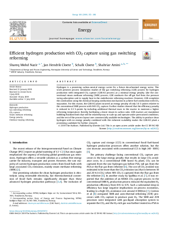 (PDF) Efficient hydrogen production with CO2 capture using gas ...
