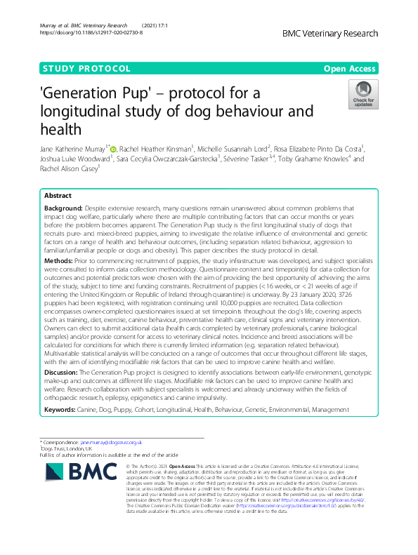 (PDF) Generation Pup' – protocol for a longitudinal study of dog ...