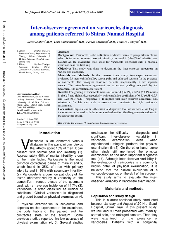 (PDF) Inter-observer agreement on varicoceles diagnosis among patients ...
