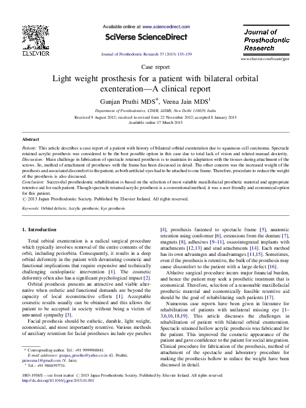 (PDF) Light weight prosthesis for a patient with bilateral orbital ...