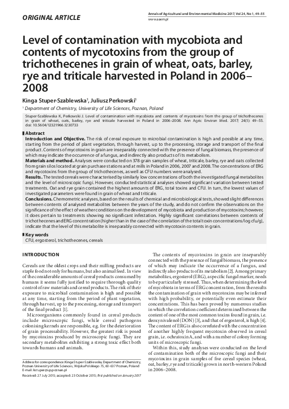 (PDF) Level of contamination with mycobiota and contents of mycotoxins ...