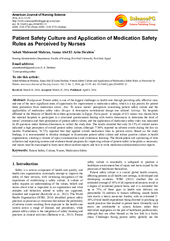 (PDF) Patient Safety Culture and Application of Medication Safety Rules ...