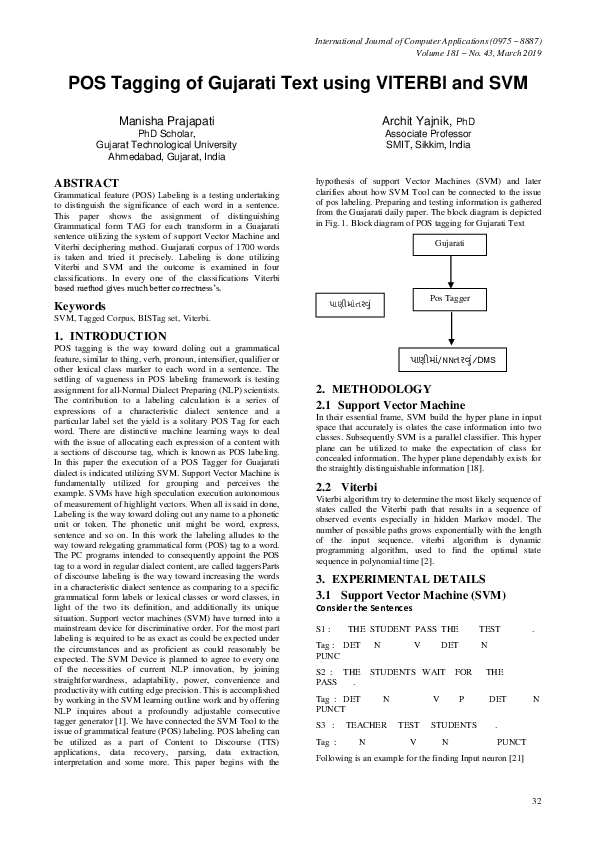 (PDF) POS Tagging of Gujarati Text using VITERBI and SVM