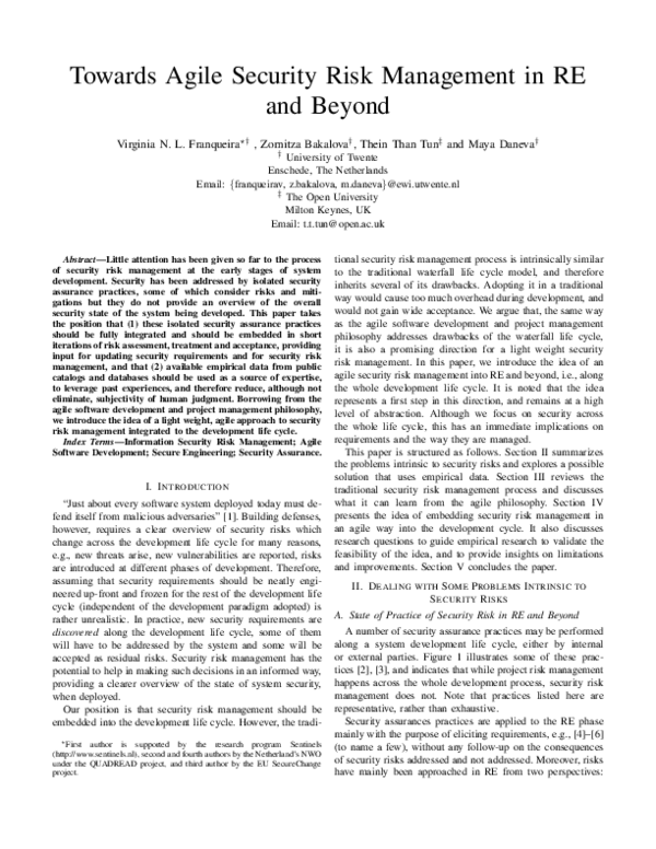 (PDF) Towards agile security risk management in RE and beyond