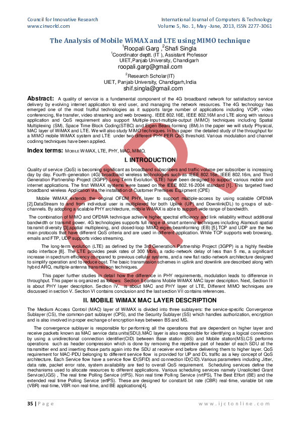(PDF) The Analysis of Mobile WiMAX and LTE using MIMO technique