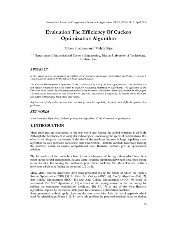 (PDF) Evaluation the Efficiency of Cuckoo Optimization Algorithm