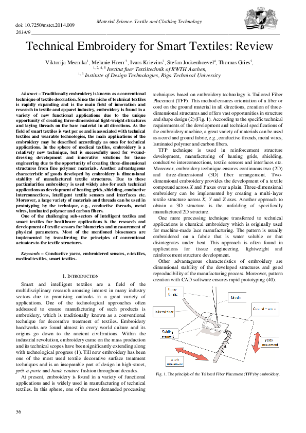 (PDF) Technical Embroidery for Smart Textiles: Review