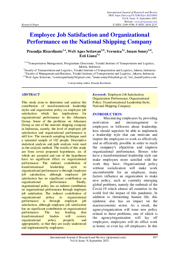 (PDF) Employee Job Satisfaction and Organizational Performance on the ...