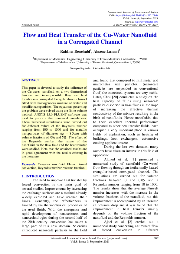(PDF) Flow and Heat Transfer of the Cu-Water Nanofluid in a Corrugated ...