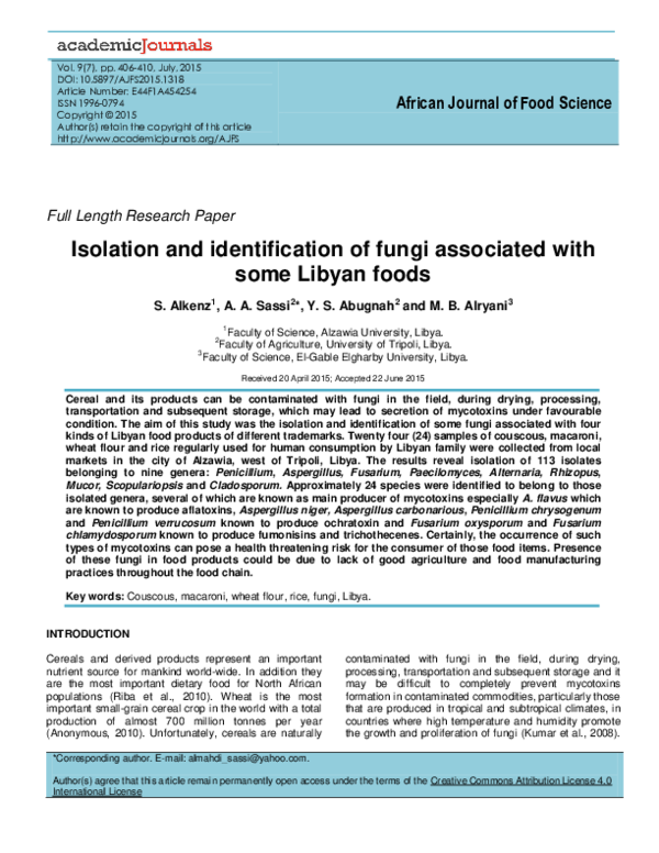 Isolation and identification of fungi associated with some Libyan foods