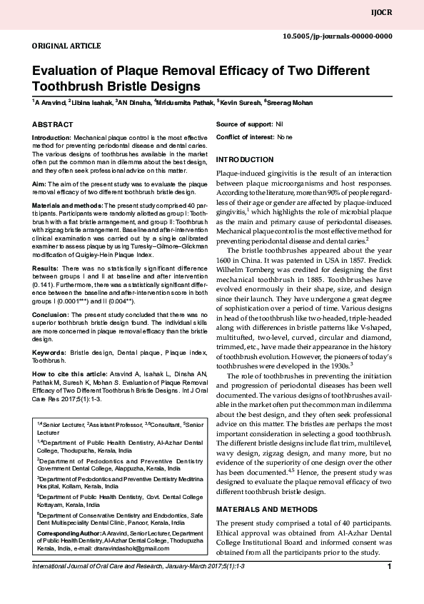 (PDF) Evaluation of Plaque Removal Efficacy of Two Different Toothbrush ...