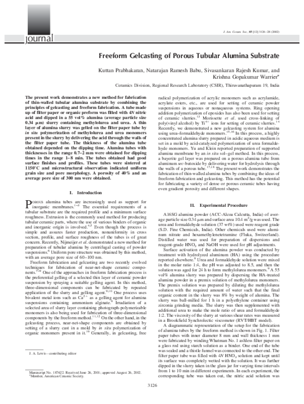 (PDF) Freeform Gelcasting of Porous Tubular Alumina Substrate