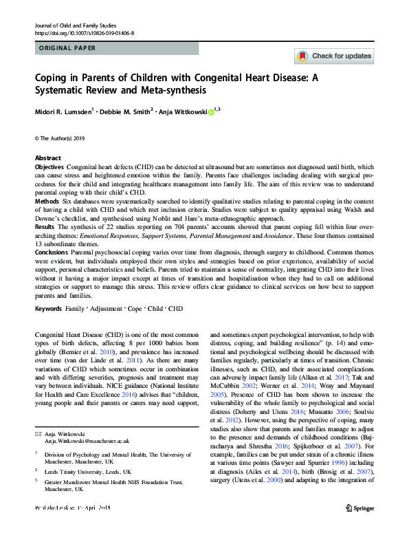 (PDF) Coping in Parents of Children with Congenital Heart Disease: A ...