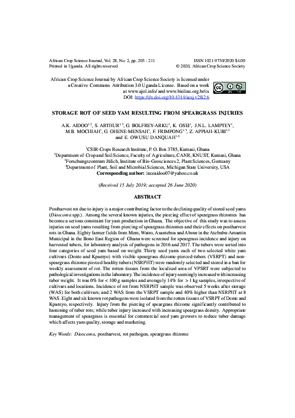 (PDF) Storage rot of seed yam resulting from speargrass injuries G
