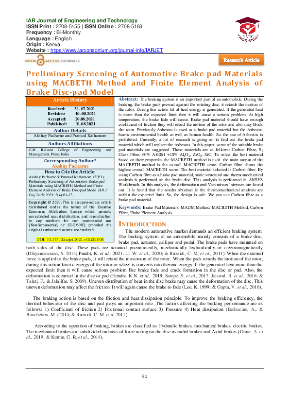 (PDF) Preliminary Screening of Automotive Brake pad Materials using