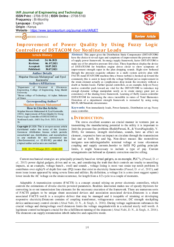 (PDF) Improvement of Power Quality by Using Fuzzy Logic Controller of ...